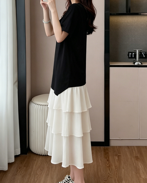 ellazhu Women's Color Block Chiffon Patchwork Maxi Dress Short Sleeve Tiered Ruffle Hem Loose French Plus Size GA2791