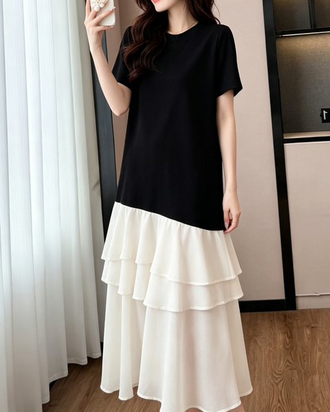 ellazhu Women's Color Block Chiffon Patchwork Maxi Dress Short Sleeve Tiered Ruffle Hem Loose French Plus Size GA2791