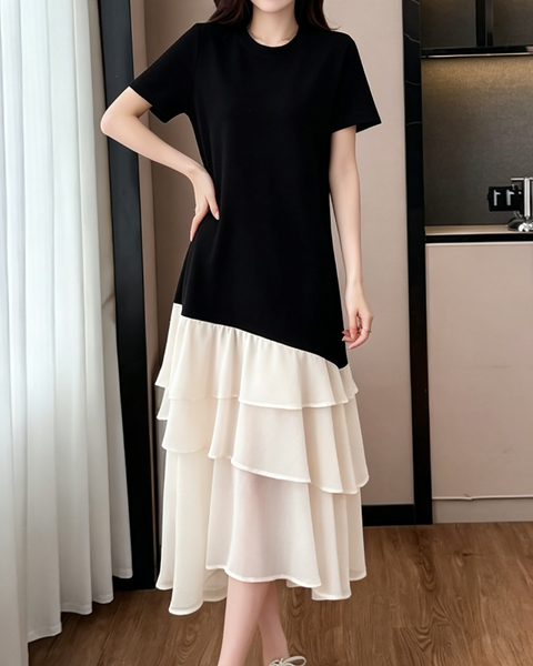 ellazhu Women's Color Block Chiffon Patchwork Maxi Dress Short Sleeve Tiered Ruffle Hem Loose French Plus Size GA2791