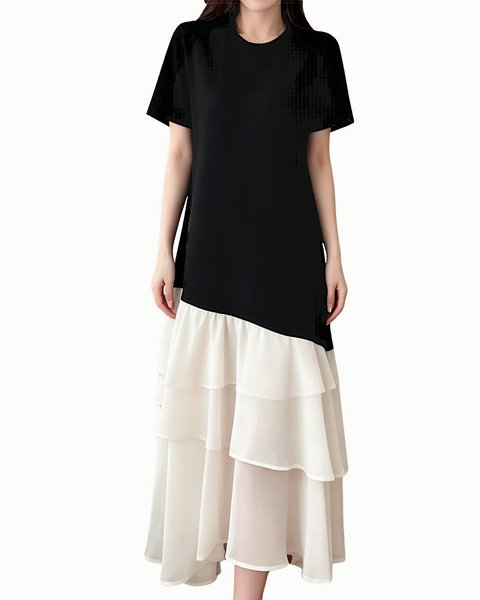 ellazhu Women's Color Block Chiffon Patchwork Maxi Dress Short Sleeve Tiered Ruffle Hem Loose French Plus Size GA2791