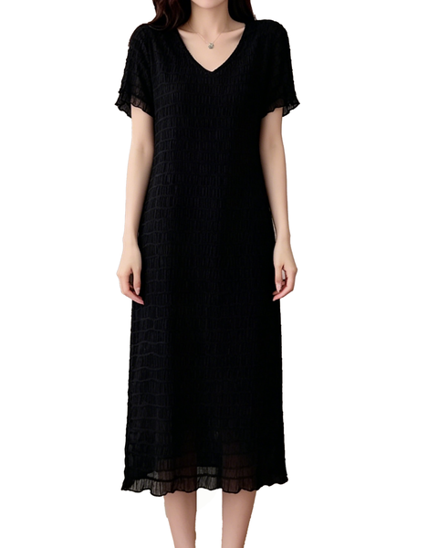 ellazhu Women's V Neck Textured Chiffon Midi Dress Short Sleeve Smocked Loose French Elegant Plus Size A Line GA2792