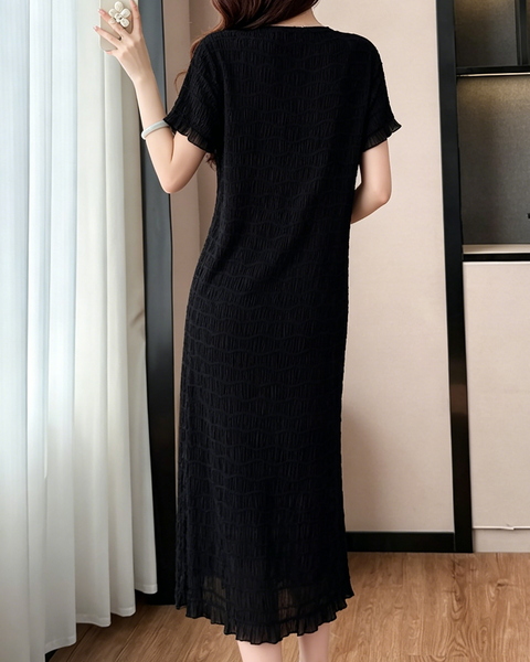 ellazhu Women's V Neck Textured Chiffon Midi Dress Short Sleeve Smocked Loose French Elegant Plus Size A Line GA2792
