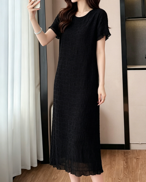 ellazhu Women's V Neck Textured Chiffon Midi Dress Short Sleeve Smocked Loose French Elegant Plus Size A Line GA2792