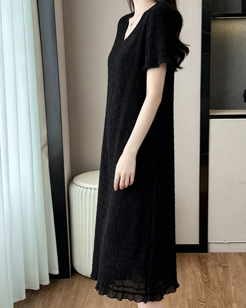 ellazhu Women's V Neck Textured Chiffon Midi Dress Short Sleeve Smocked Loose French Elegant Plus Size A Line GA2792