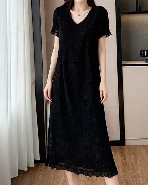 ellazhu Women's V Neck Textured Chiffon Midi Dress Short Sleeve Smocked Loose French Elegant Plus Size A Line GA2792