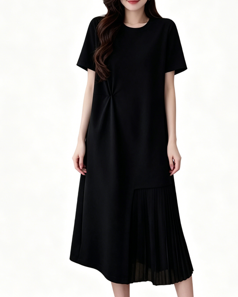 ellazhu Women's Pleated Patchwork Midi Dress Short Sleeve Asymmetrical Hem Loose Plus Size A Line Casual GA2793