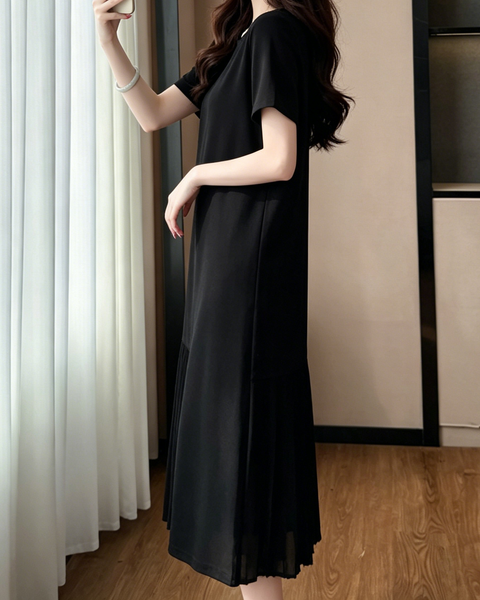ellazhu Women's Pleated Patchwork Midi Dress Short Sleeve Asymmetrical Hem Loose Plus Size A Line Casual GA2793