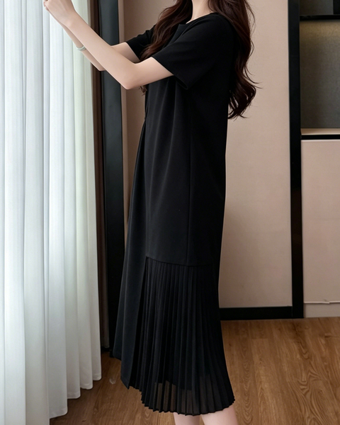 ellazhu Women's Pleated Patchwork Midi Dress Short Sleeve Asymmetrical Hem Loose Plus Size A Line Casual GA2793