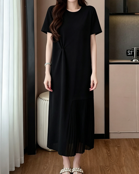 ellazhu Women's Pleated Patchwork Midi Dress Short Sleeve Asymmetrical Hem Loose Plus Size A Line Casual GA2793