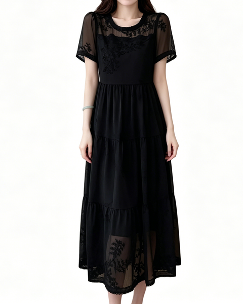 ellazhu Women's Mesh Patchwork Maxi Dress Short Sleeve Tiered Lace Sheer Loose French Elegant Plus Size A Line GA2794