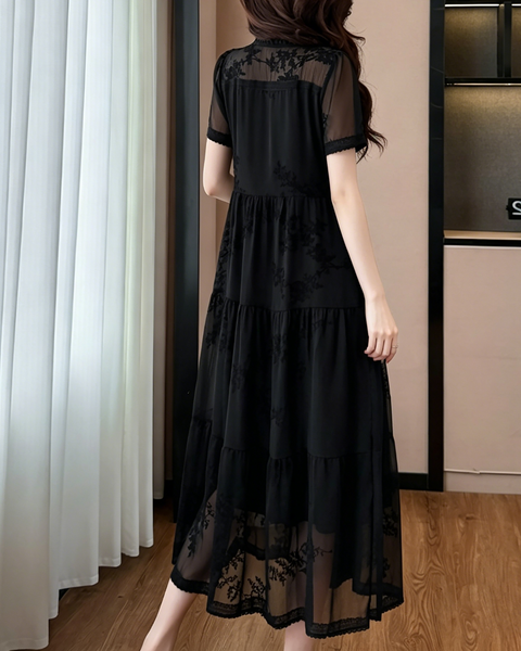 ellazhu Women's Mesh Patchwork Maxi Dress Short Sleeve Tiered Lace Sheer Loose French Elegant Plus Size A Line GA2794