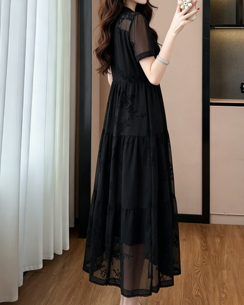 ellazhu Women's Mesh Patchwork Maxi Dress Short Sleeve Tiered Lace Sheer Loose French Elegant Plus Size A Line GA2794