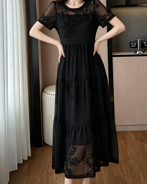 ellazhu Women's Mesh Patchwork Maxi Dress Short Sleeve Tiered Lace Sheer Loose French Elegant Plus Size A Line GA2794