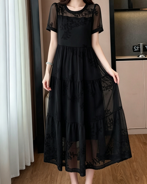 ellazhu Women's Mesh Patchwork Maxi Dress Short Sleeve Tiered Lace Sheer Loose French Elegant Plus Size A Line GA2794