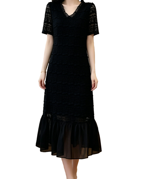 ellazhu Women's V Neck Lace Textured Midi Dress Short Sleeve Sheer Ruffle Hem French Elegant Plus Size A Line GA2795