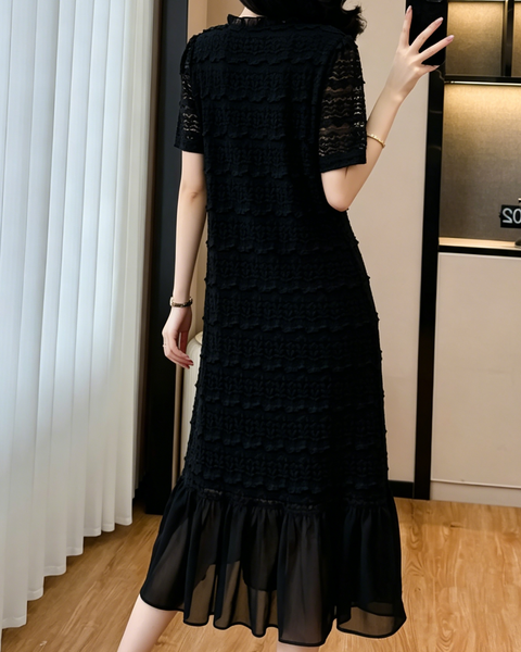 ellazhu Women's V Neck Lace Textured Midi Dress Short Sleeve Sheer Ruffle Hem French Elegant Plus Size A Line GA2795