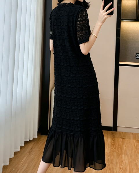 ellazhu Women's V Neck Lace Textured Midi Dress Short Sleeve Sheer Ruffle Hem French Elegant Plus Size A Line GA2795