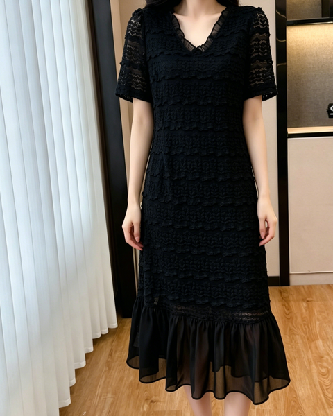 ellazhu Women's V Neck Lace Textured Midi Dress Short Sleeve Sheer Ruffle Hem French Elegant Plus Size A Line GA2795