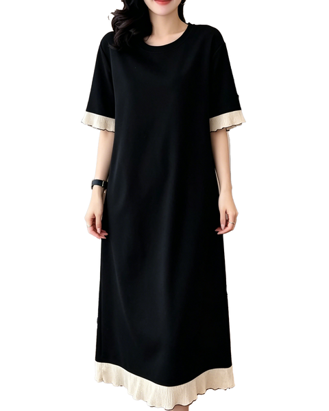 ellazhu Women's Contrast Ruffle Trim T Shirt Dress Short Sleeve Loose Cotton Blend Midi Dress A Line Plus Size GA2796