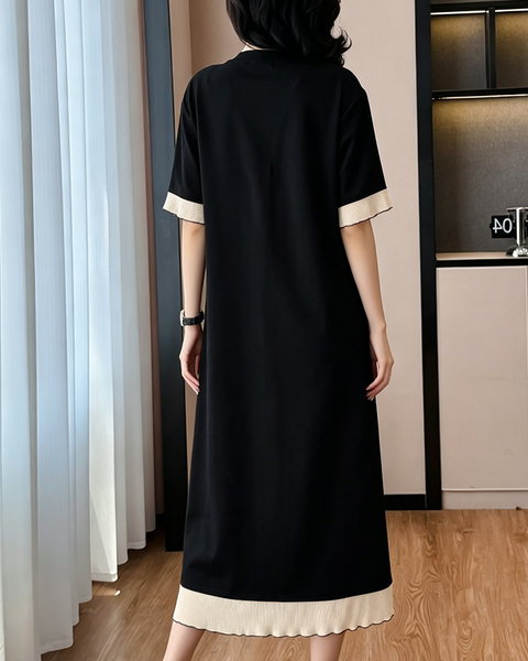 ellazhu Women's Contrast Ruffle Trim T Shirt Dress Short Sleeve Loose Cotton Blend Midi Dress A Line Plus Size GA2796