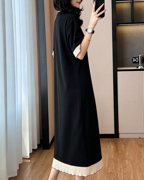 ellazhu Women's Contrast Ruffle Trim T Shirt Dress Short Sleeve Loose Cotton Blend Midi Dress A Line Plus Size GA2796