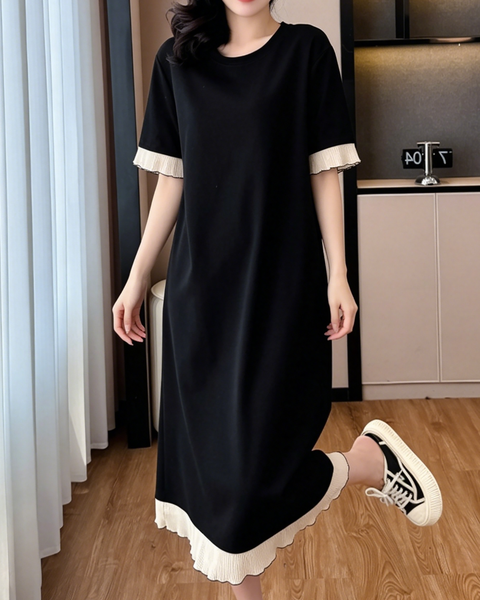 ellazhu Women's Contrast Ruffle Trim T Shirt Dress Short Sleeve Loose Cotton Blend Midi Dress A Line Plus Size GA2796