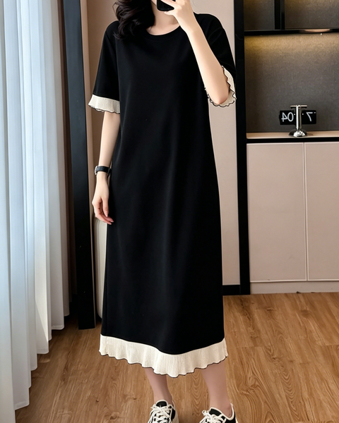 ellazhu Women's Contrast Ruffle Trim T Shirt Dress Short Sleeve Loose Cotton Blend Midi Dress A Line Plus Size GA2796