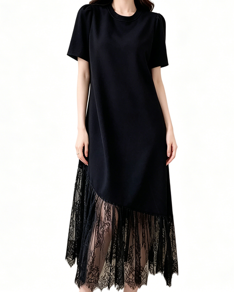 ellazhu Women's Lace Patchwork Maxi Dress Short Sleeve Sheer Hem Cotton Blend French Elegant Plus Size A Line GA2797
