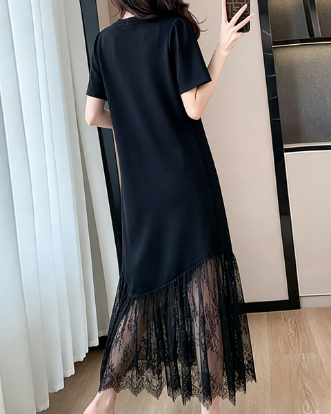 ellazhu Women's Lace Patchwork Maxi Dress Short Sleeve Sheer Hem Cotton Blend French Elegant Plus Size A Line GA2797