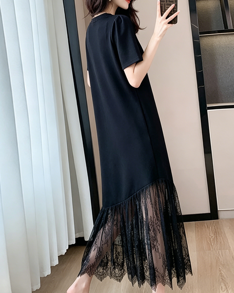 ellazhu Women's Lace Patchwork Maxi Dress Short Sleeve Sheer Hem Cotton Blend French Elegant Plus Size A Line GA2797