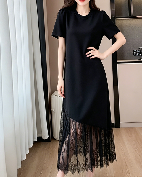 ellazhu Women's Lace Patchwork Maxi Dress Short Sleeve Sheer Hem Cotton Blend French Elegant Plus Size A Line GA2797