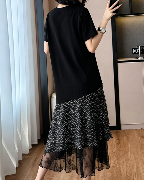 ellazhu Women's Floral Lace Patchwork Midi Dress Short Sleeve Tiered Ruffle Hem Cotton Blend Loose Plus Size GA2798