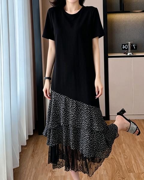 ellazhu Women's Floral Lace Patchwork Midi Dress Short Sleeve Tiered Ruffle Hem Cotton Blend Loose Plus Size GA2798