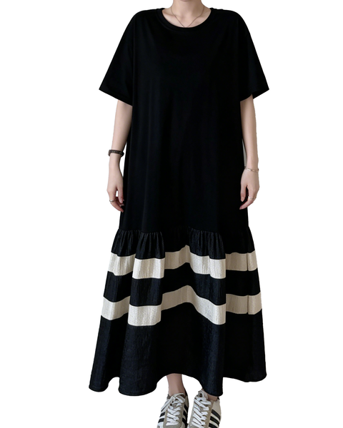 ellazhu Women's Color Block Maxi T Shirt Dress Short Sleeve Striped Ruffle Hem Cotton Blend Loose Plus Size GA2799