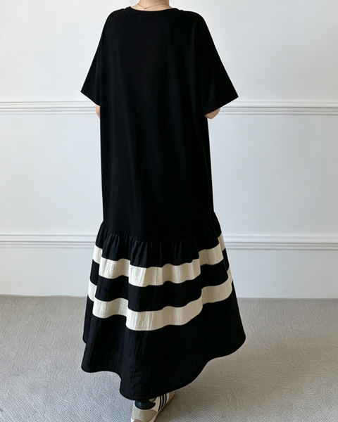 ellazhu Women's Color Block Maxi T Shirt Dress Short Sleeve Striped Ruffle Hem Cotton Blend Loose Plus Size GA2799