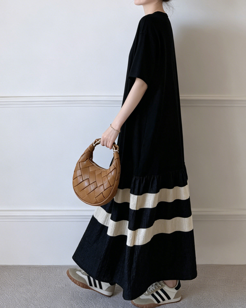 ellazhu Women's Color Block Maxi T Shirt Dress Short Sleeve Striped Ruffle Hem Cotton Blend Loose Plus Size GA2799