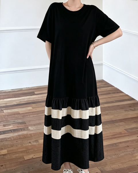 ellazhu Women's Color Block Maxi T Shirt Dress Short Sleeve Striped Ruffle Hem Cotton Blend Loose Plus Size GA2799
