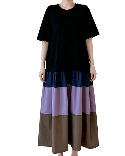 ellazhu Women's Faux Two Piece Color Block T Shirt Maxi Dress Short Sleeve Patchwork Hem Loose Plus Size A Line GA2800