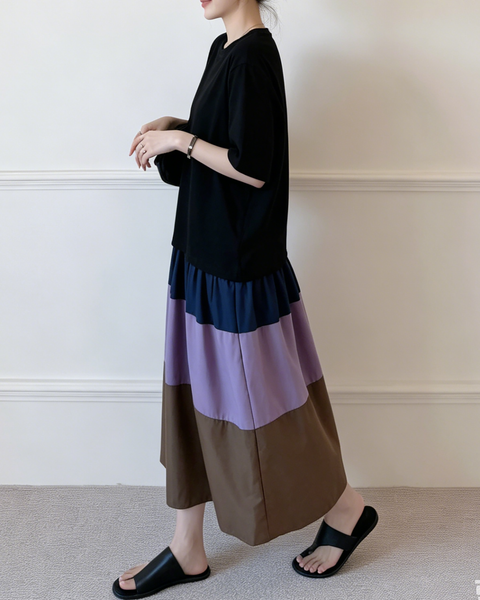 ellazhu Women's Faux Two Piece Color Block T Shirt Maxi Dress Short Sleeve Patchwork Hem Loose Plus Size A Line GA2800
