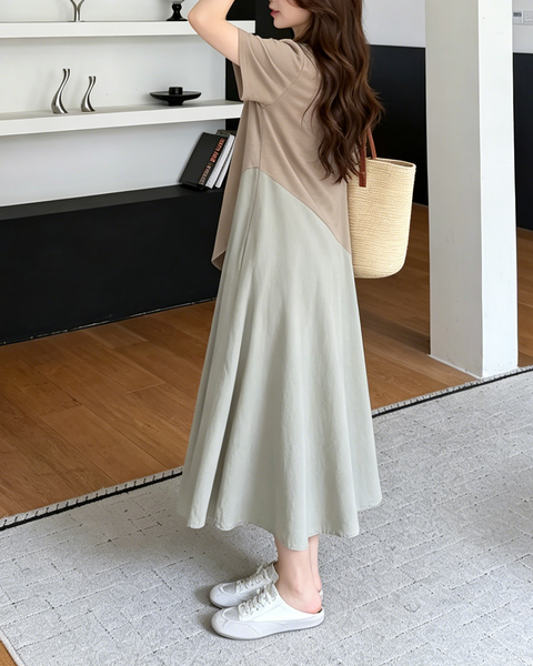 ellazhu Women's Color Block Patchwork Maxi Dress Pocket A Line GA2801