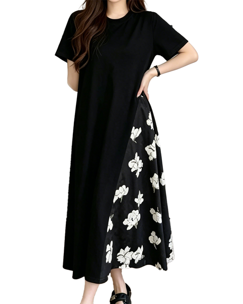 ellazhu Women's Floral Patchwork Maxi Dress Short Sleeve Loose GA2802