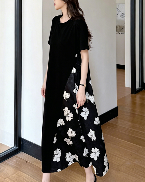 ellazhu Women's Floral Patchwork Maxi Dress Short Sleeve Loose GA2802