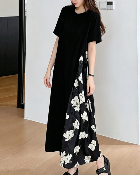 ellazhu Women's Floral Patchwork Maxi Dress Short Sleeve Loose GA2802
