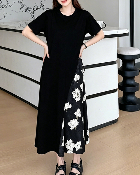 ellazhu Women's Floral Patchwork Maxi Dress Short Sleeve Loose GA2802