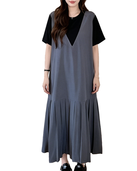ellazhu Women's Two Tone V Neck Pleated Maxi Dress Short Sleeve GA2803
