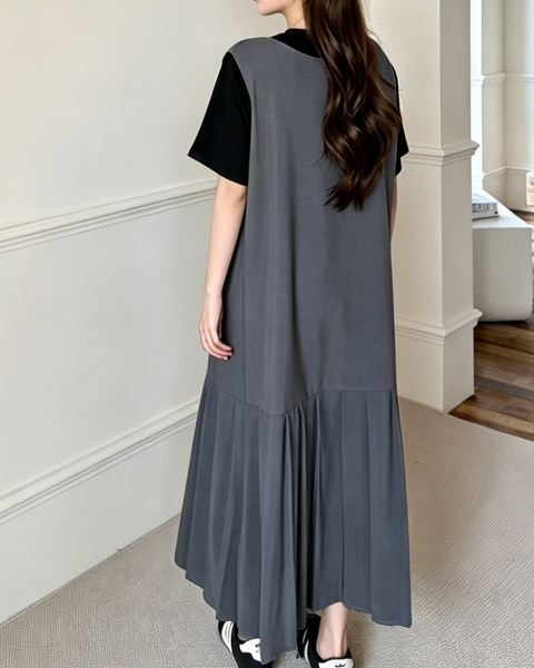 ellazhu Women's Two Tone V Neck Pleated Maxi Dress Short Sleeve GA2803