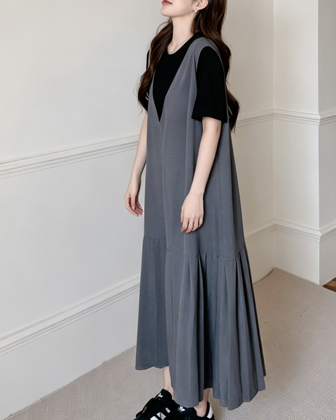 ellazhu Women's Two Tone V Neck Pleated Maxi Dress Short Sleeve GA2803