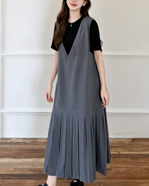 ellazhu Women's Two Tone V Neck Pleated Maxi Dress Short Sleeve GA2803