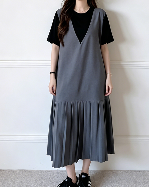 ellazhu Women's Two Tone V Neck Pleated Maxi Dress Short Sleeve GA2803