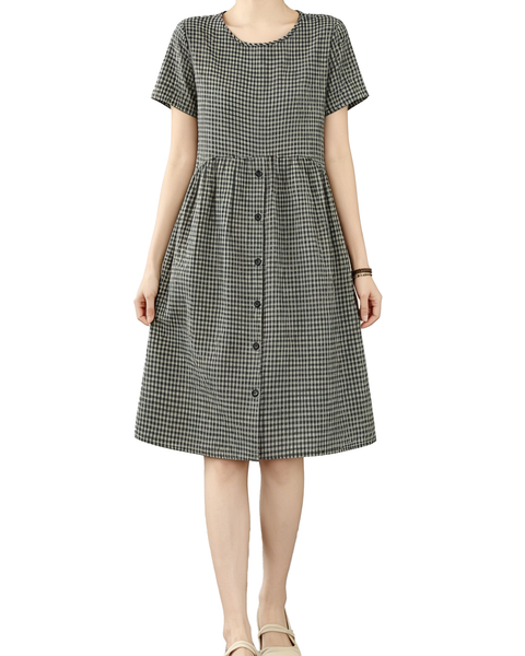 ellazhu Women's Gingham Dress Button Front Short Sleeve A Line GA2805
